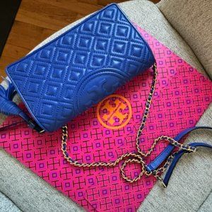 Tory Burch Royal Blue Quilted Fleming Leather Crossbody Bag